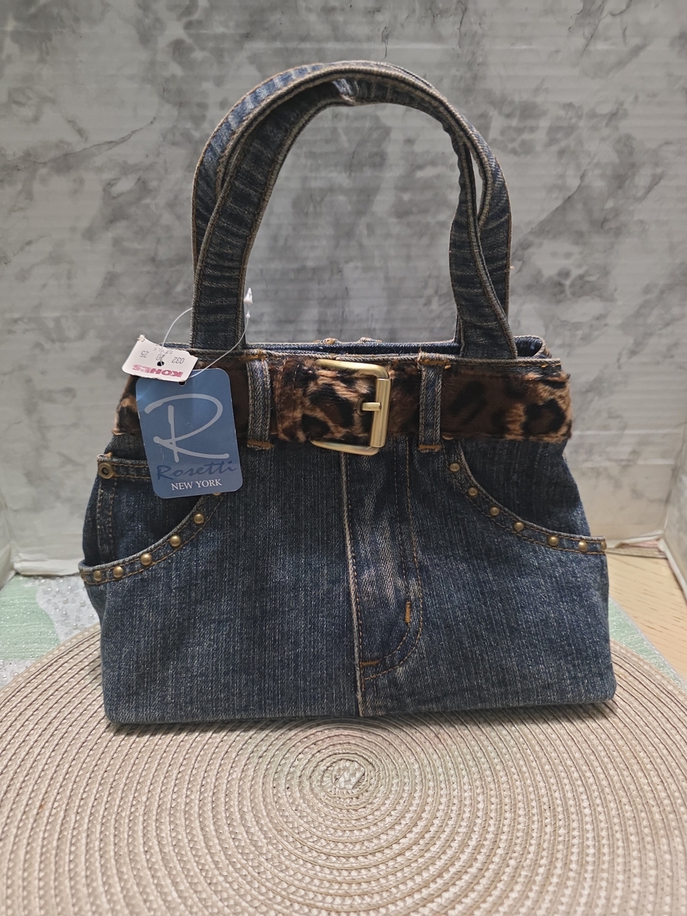 2YK Denim Tote with Leopard Trim - Blue